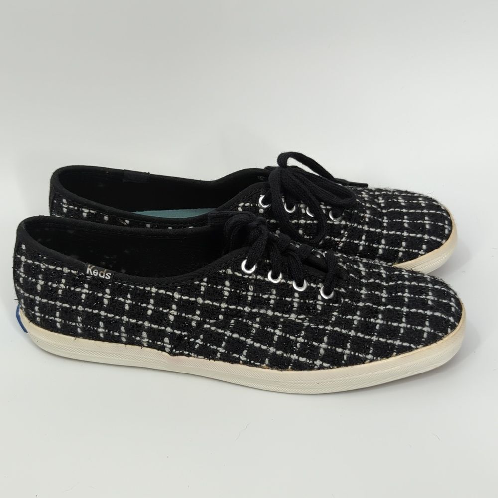 Keds Women Black White Plaid Glitter Sparkle Tweed Flat Sneakers Tennis Shoes 7